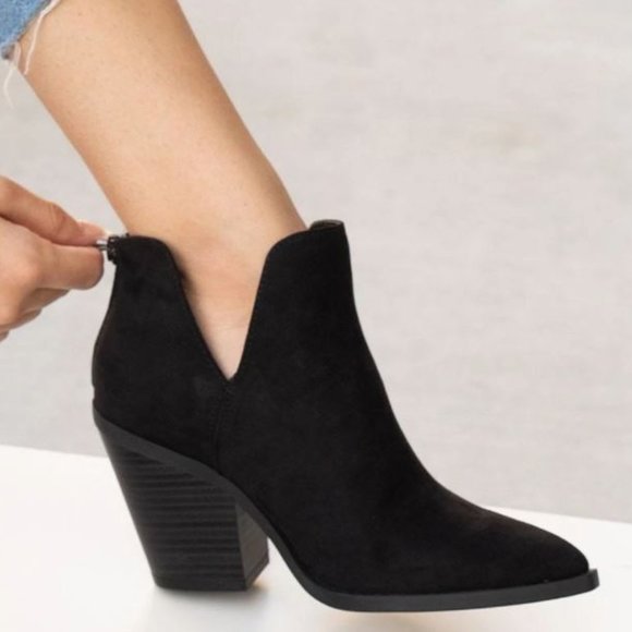 New Black V Slit Pointed Toe Ankle Boots Booties - Picture 2 of 4